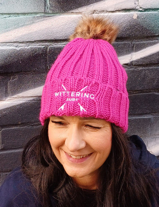 EMBROIDERED NO FUR POM POM BEANIE - 4 COLOURS - Wittering Surf Shop