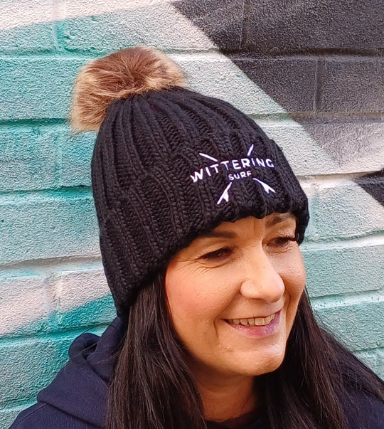 EMBROIDERED NO FUR POM POM BEANIE - 4 COLOURS - Wittering Surf Shop