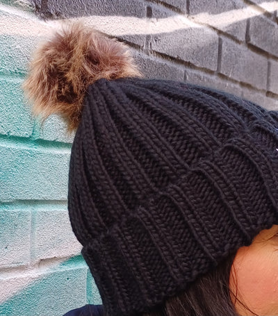 EMBROIDERED NO FUR POM POM BEANIE - 4 COLOURS