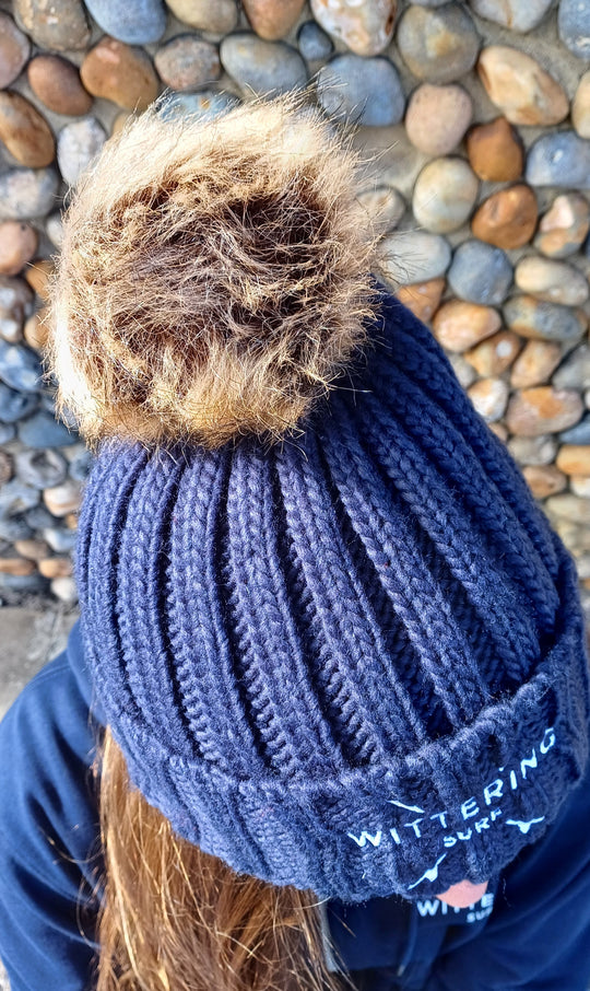 EMBROIDERED NO FUR POM POM BEANIE - 4 COLOURS - Wittering Surf Shop
