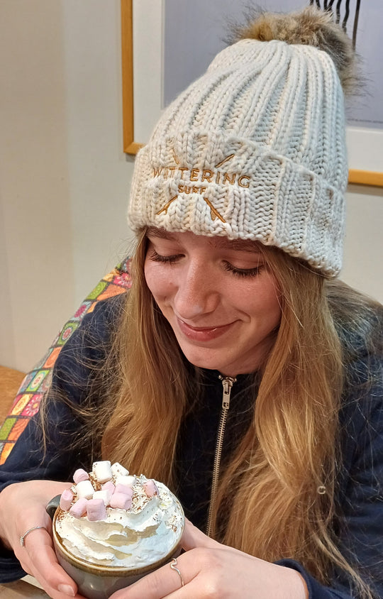 EMBROIDERED NO FUR POM POM BEANIE - 4 COLOURS - Wittering Surf Shop