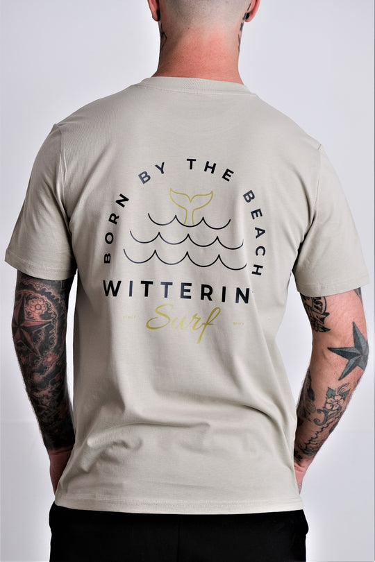 BORN BY THE BEACH -  MENS T-SHIRT - STONE - Black &amp; Gold Design - Wittering Surf Shop