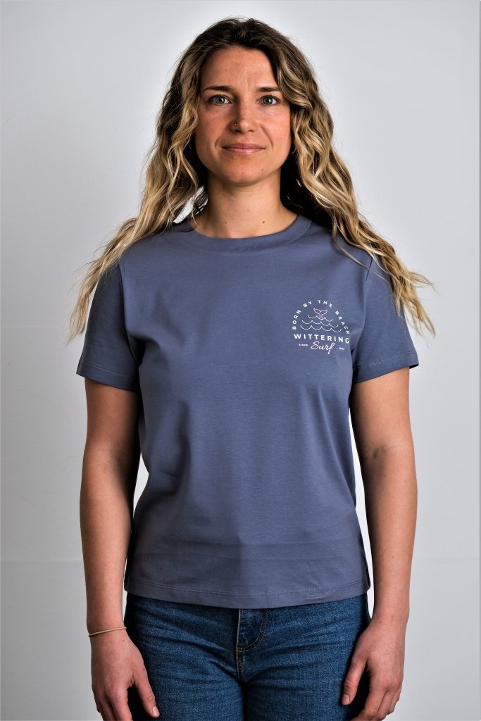 BORN BY THE BEACH - LADIES T-SHIRT - BLUE/GREY - Pink &amp; White Design - Wittering Surf Shop