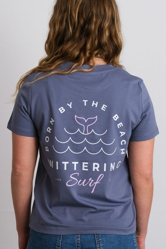 BORN BY THE BEACH - LADIES T-SHIRT - BLUE/GREY - Pink &amp; White Design - Wittering Surf Shop