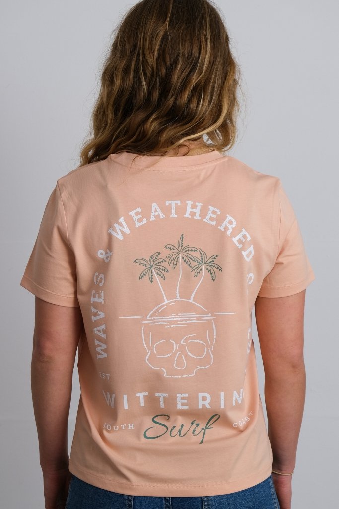 WAVES & WEATHERED SOULS -  LADIES T-SHIRT - PEACH - Wittering Surf Shop