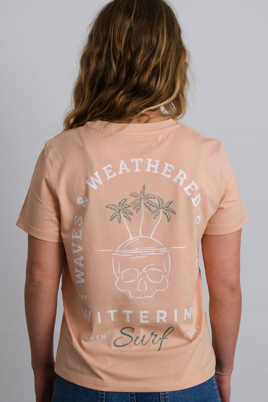 WAVES &amp; WEATHERED SOULS - LADIES T-SHIRT - PEACH - Wittering Surf Shop