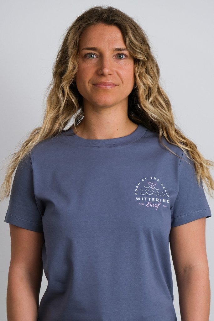 BORN BY THE BEACH -  LADIES T-SHIRT - BLUE/GREY - Pink & White Design - Wittering Surf Shop