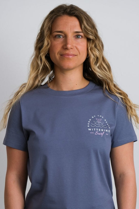 BORN BY THE BEACH - LADIES T-SHIRT - BLUE/GREY - Pink &amp; White Design - Wittering Surf Shop