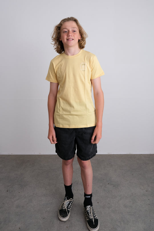 KIDS WAVES &amp; WEATHERED SOULS T-SHIRT - YELLOW - Wittering Surf Shop