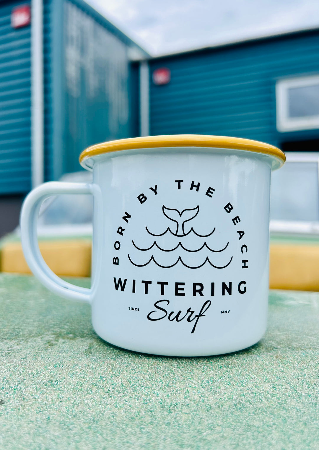 BORN BY THE BEACH ENAMEL CAMPING MUG WHITE/MUSTARD YELLOW - Wittering Surf Shop