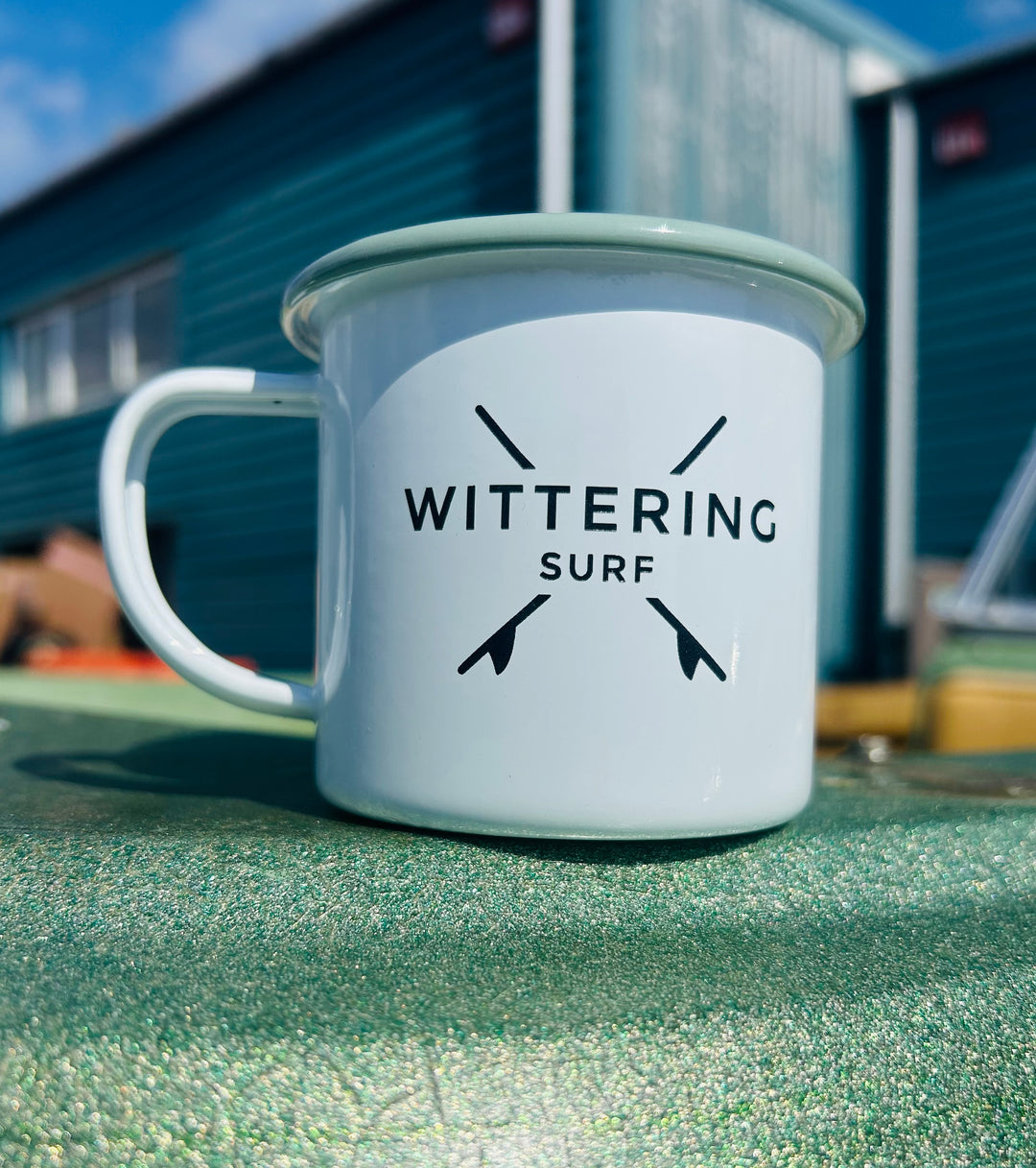 WITTERING SURF ENAMEL CAMPING MUG - WHITE/SAGE - Wittering Surf Shop