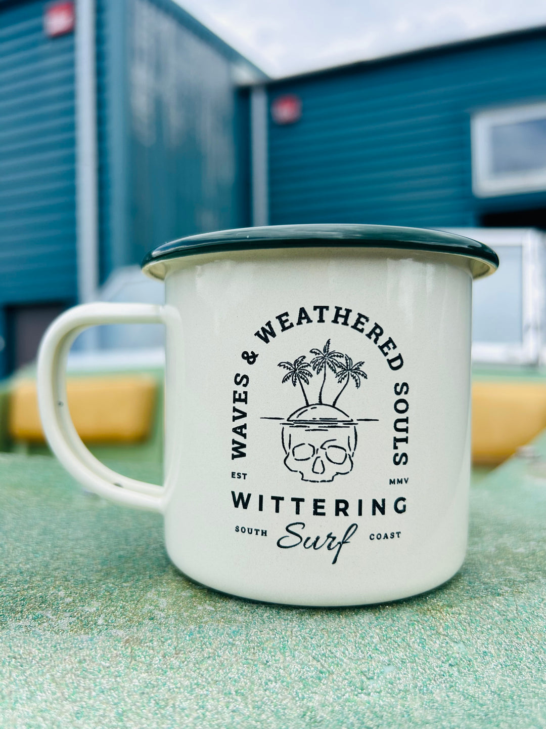 WAVES & WEATHER SOULS ENAMEL CAMPING MUG CREAM/GREEN - Wittering Surf Shop