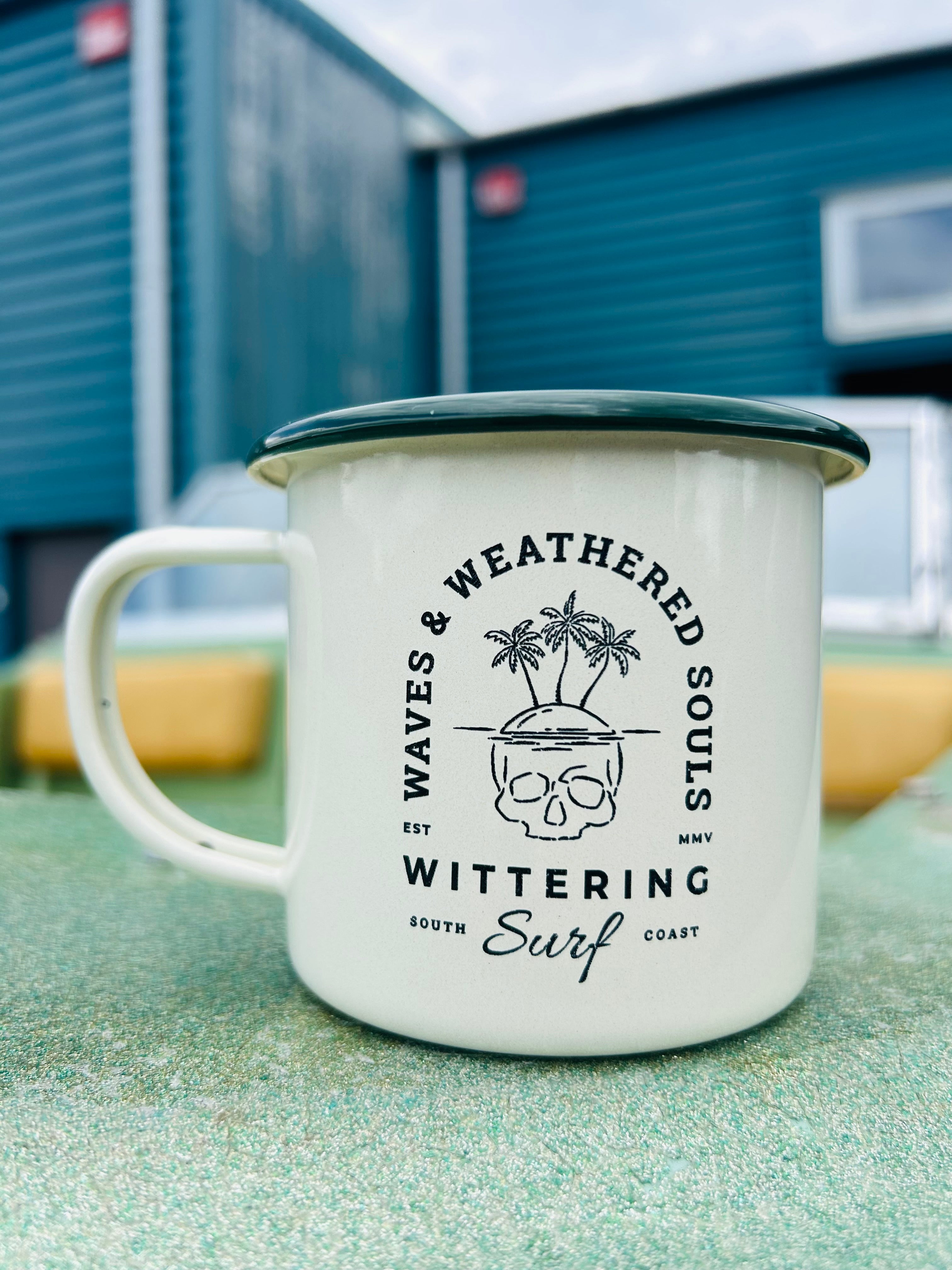 WAVES & WEATHER SOULS ENAMEL CAMPING MUG CREAM/GREEN - Wittering Surf Shop