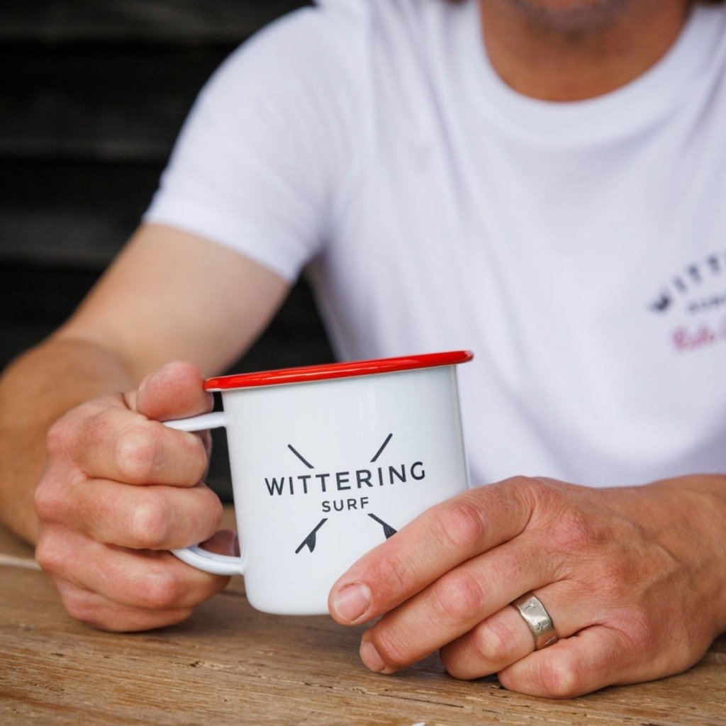 WITTERING SURF ENAMEL CAMPING MUG - WHITE/RED - Wittering Surf Shop