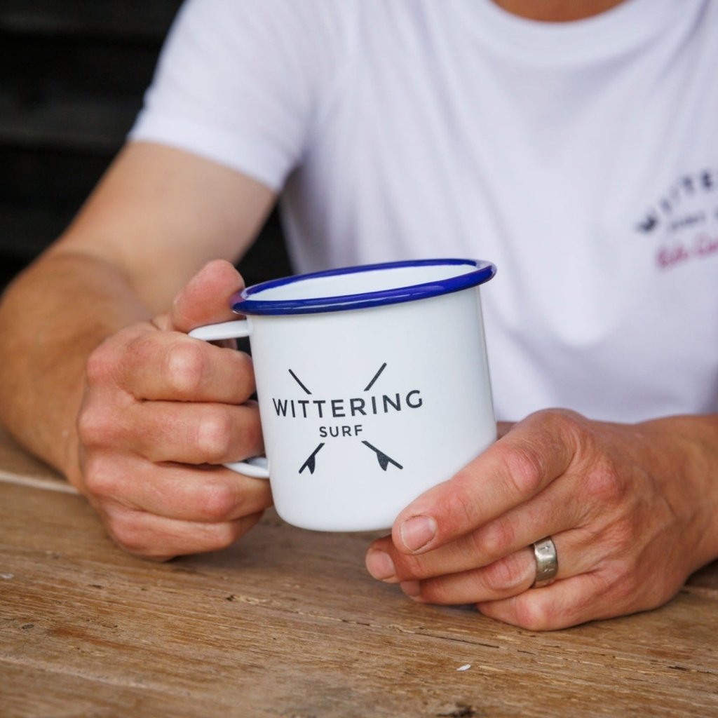 WITTERING SURF ENAMEL CAMPING MUG - WHITE/BLUE - Wittering Surf Shop