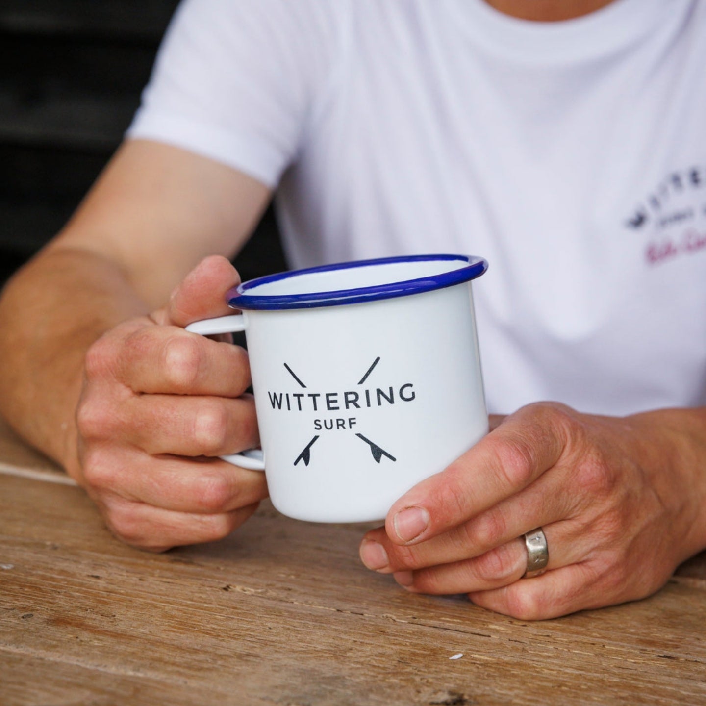 WITTERING SURF ENAMEL CAMPING MUG - WHITE/BLUE - Wittering Surf Shop