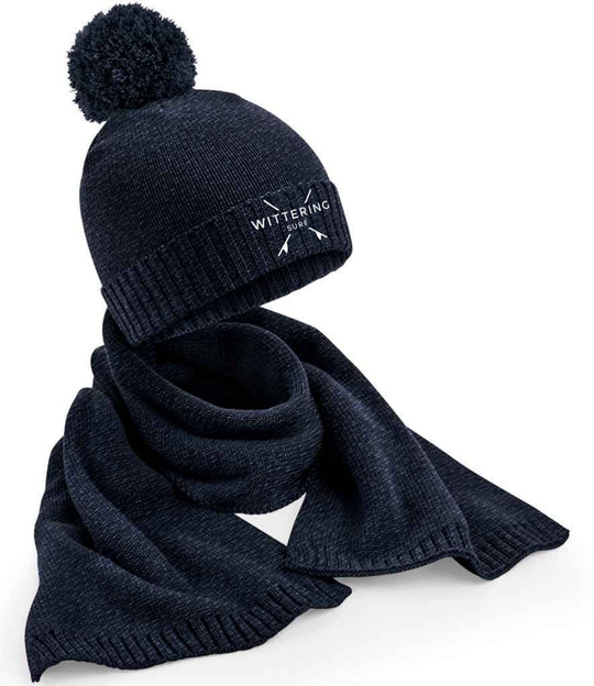 EMBROIDERED KNITTED WITTERING SURF HAT &amp; SCARF SET - 3 COLOUR OPTIONS - Wittering Surf Shop