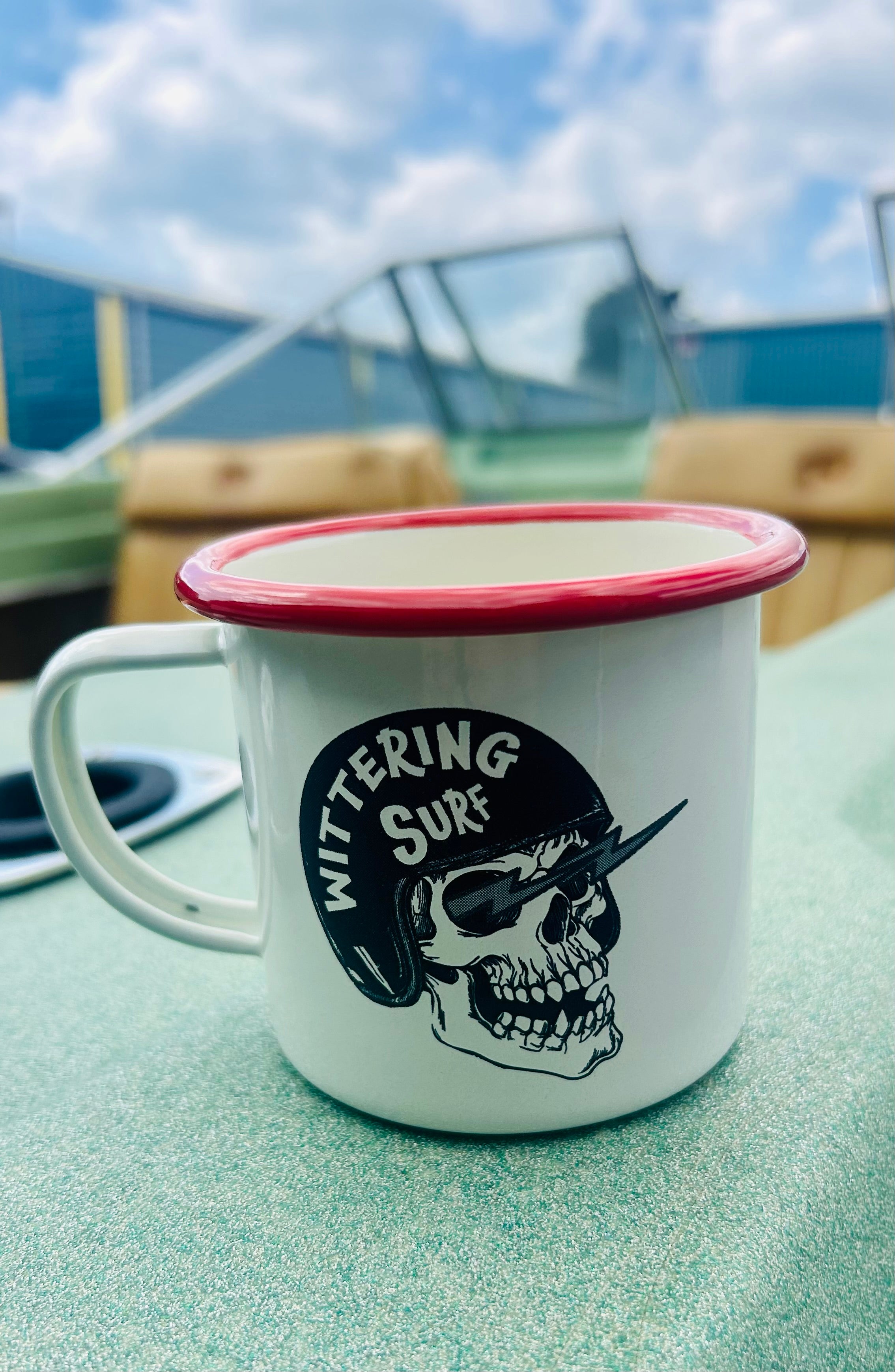 RIDE WITH ME ENAMEL CAMPING MUG CREAM/RED - Wittering Surf Shop