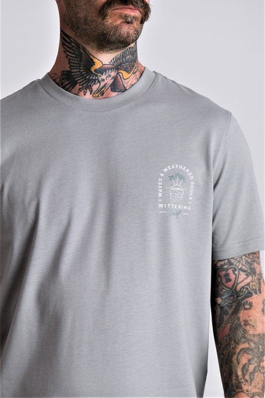 WAVES &amp; WEATHERED SOULS -  MENS T-SHIRT - MISTY GREY - Wittering Surf Shop