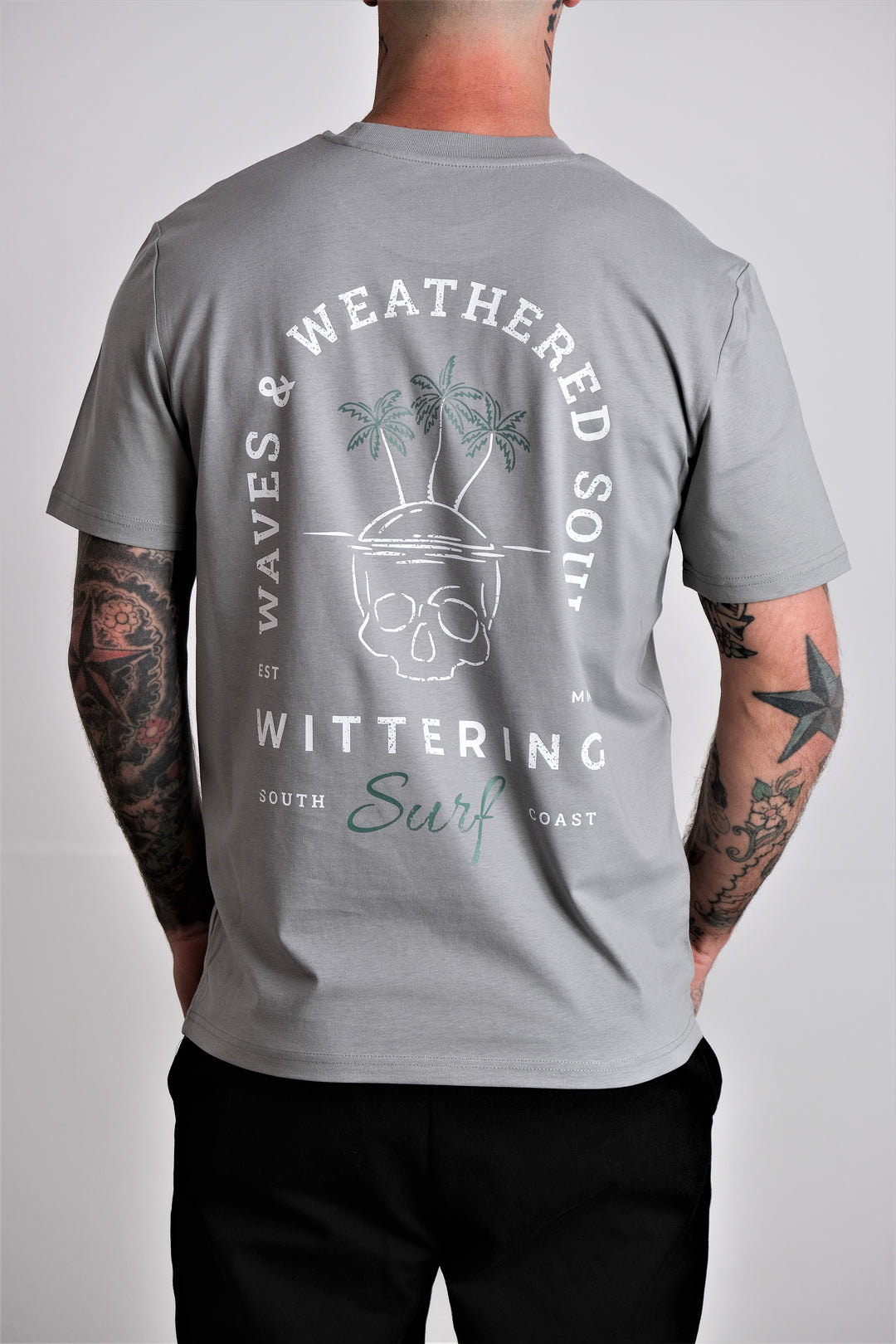 WAVES &amp; WEATHERED SOULS -  MENS T-SHIRT - MISTY GREY - Wittering Surf Shop