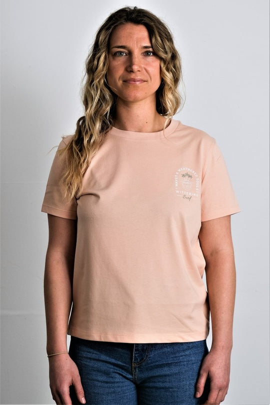 WAVES &amp; WEATHERED SOULS - LADIES T-SHIRT - PEACH - Wittering Surf Shop