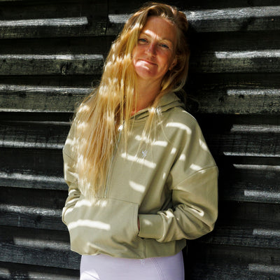 LADIES OVERSIZED CROP HALF ZIP HOODIE - SAGE