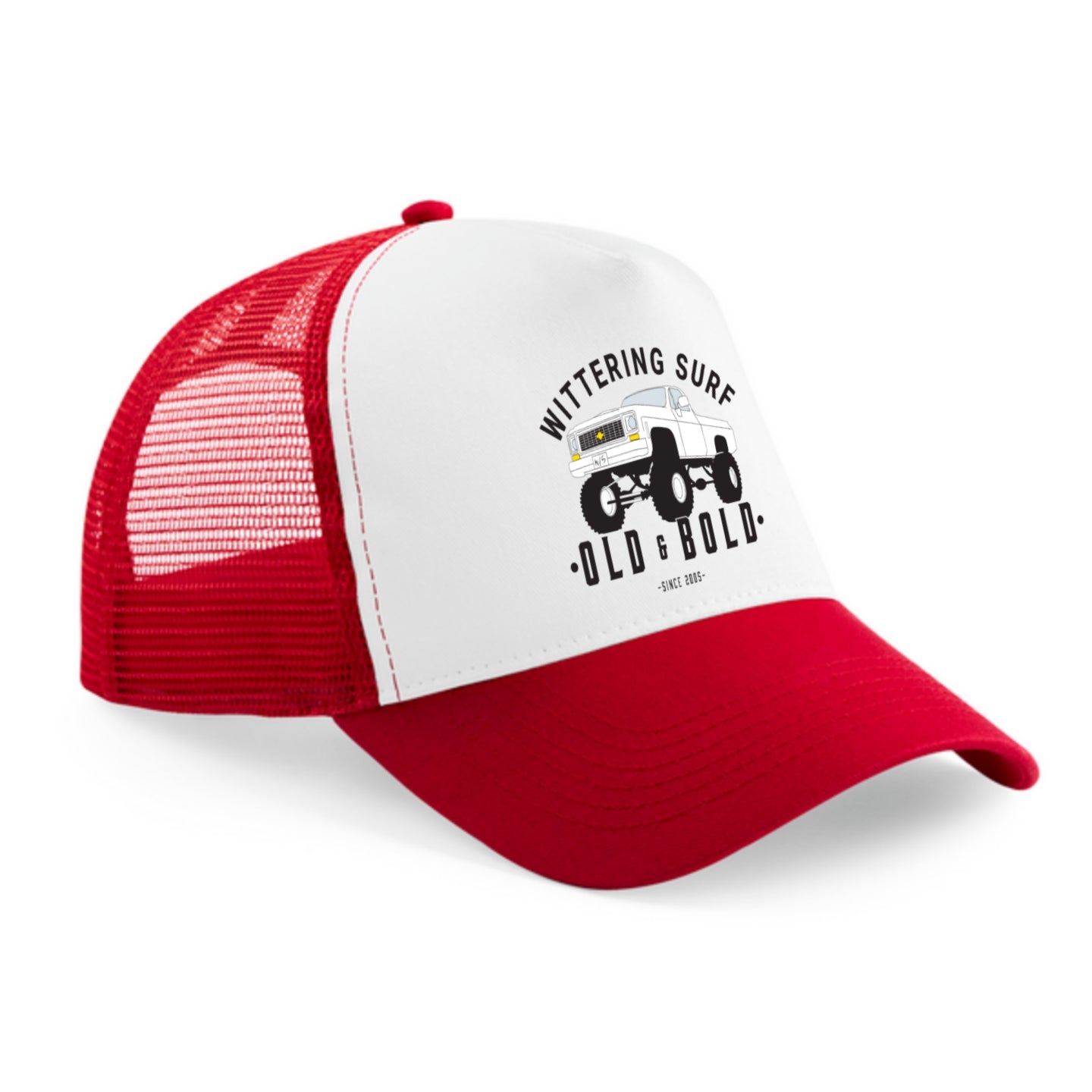 ADULT OLD & BOLD PRINTED SNAPBACK TRUCKER CAP - RED & WHITE CAP - Wittering Surf Shop