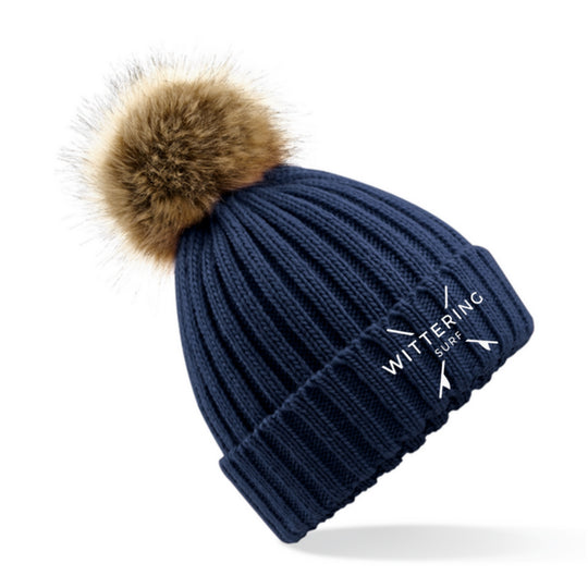 EMBROIDERED NO FUR POM POM BEANIE - 4 COLOURS - Wittering Surf Shop