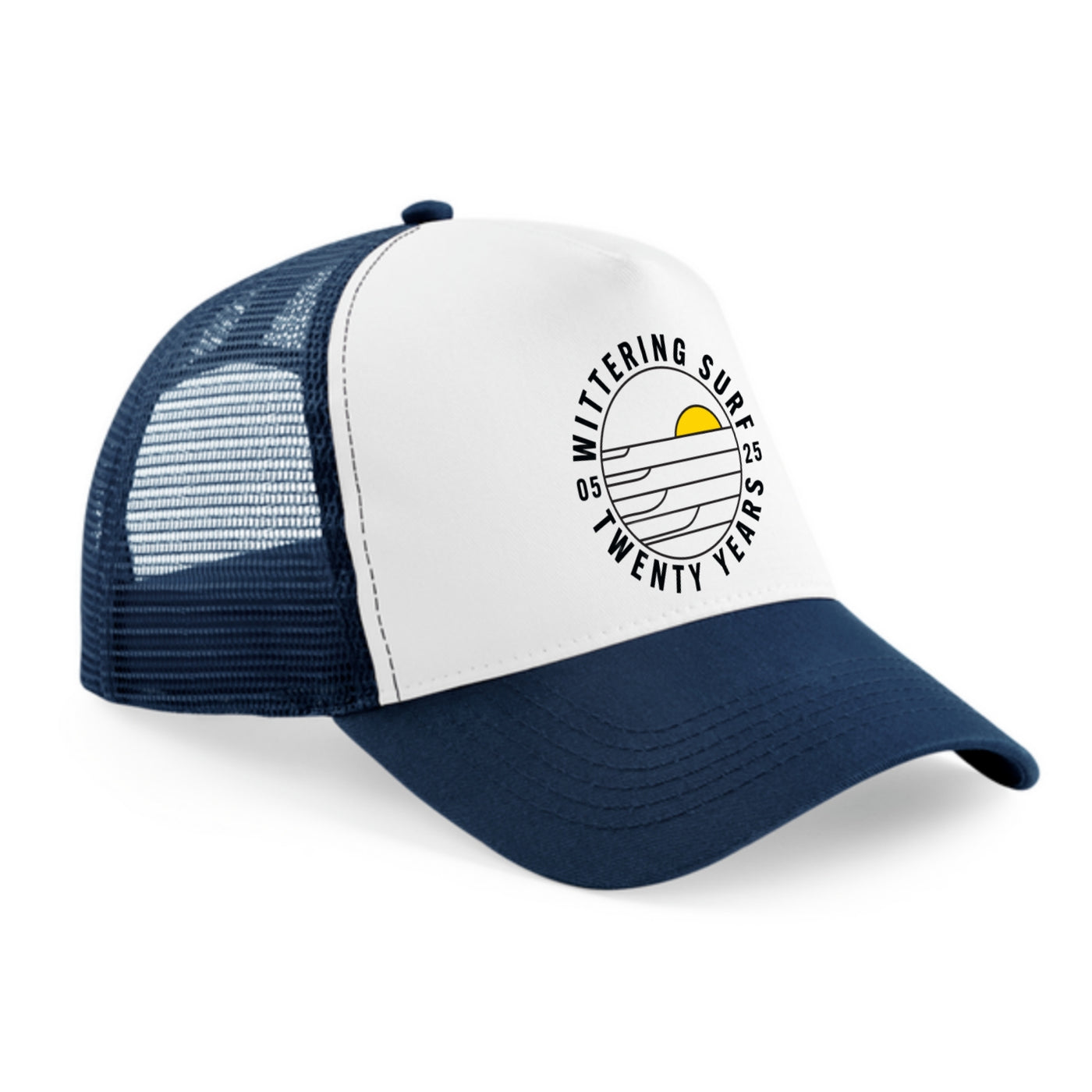 KIDS 20 YEAR ANNIVERSARY PRINTED SNAPBACK TRUCKER CAP - FRENCH NAVY & WHITE CAP