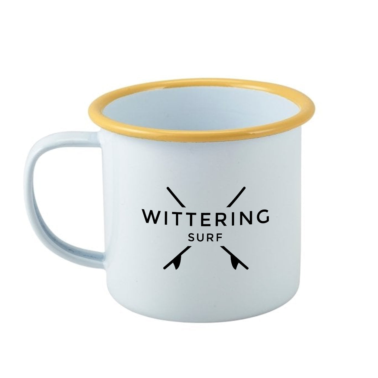 WITTERING SURF ENAMEL CAMPING MUG - WHITE/YELLOW