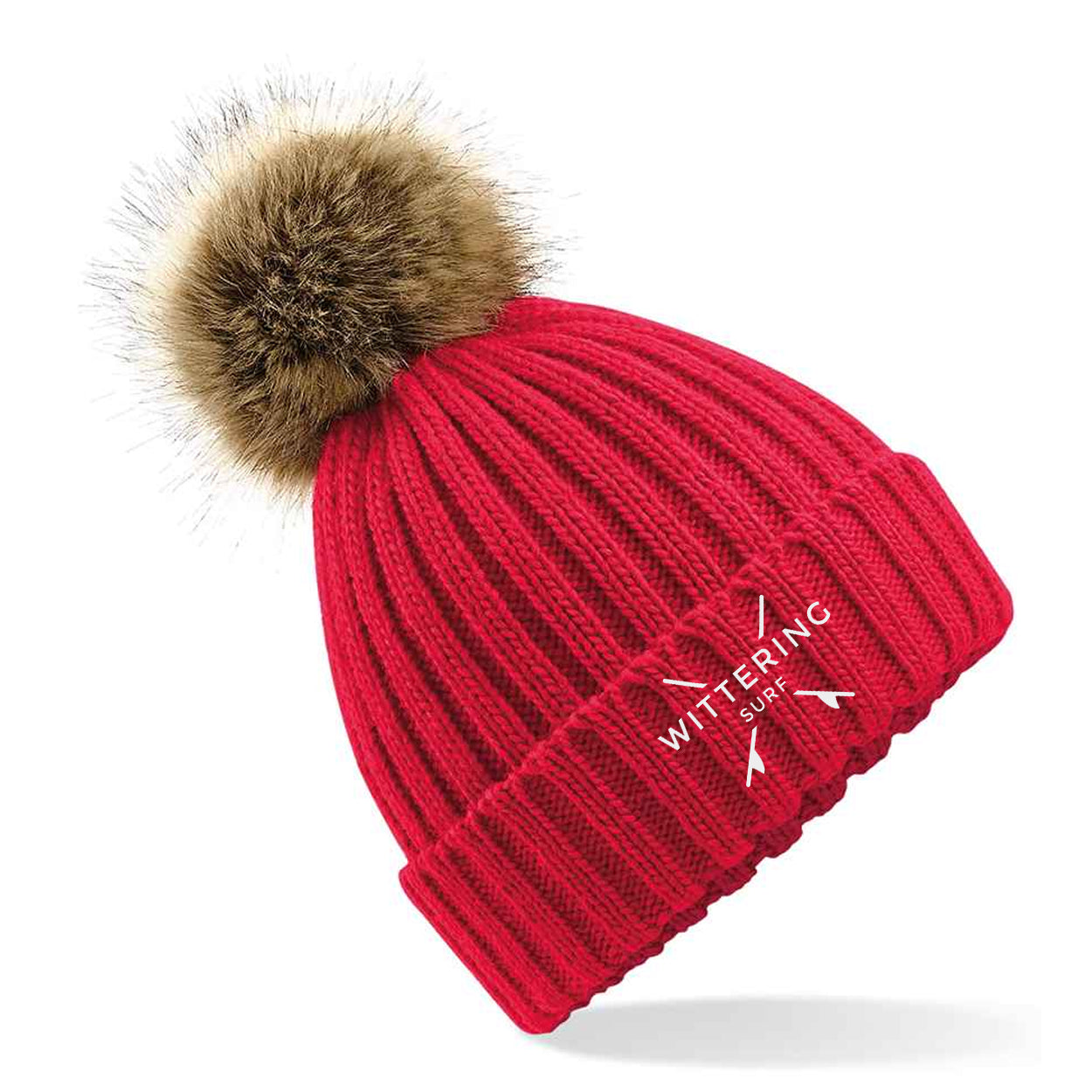 FAUX FUR POM BEANIE - RED - Wittering Surf Shop