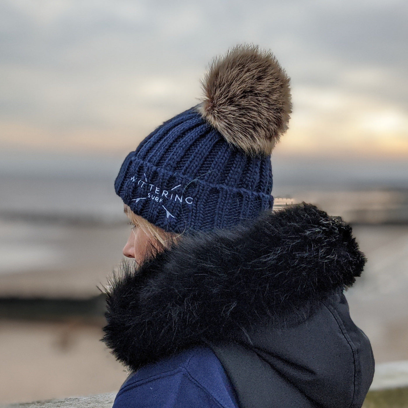 FAUX FUR POM BEANIE - NAVY - Wittering Surf Shop