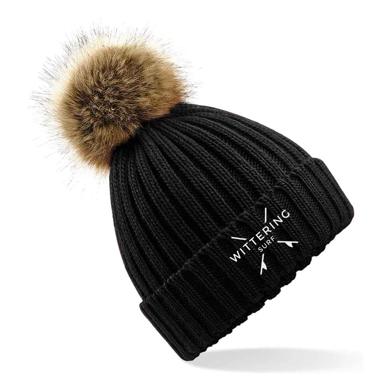 FAUX FUR POM BEANIE - BLACK - Wittering Surf Shop