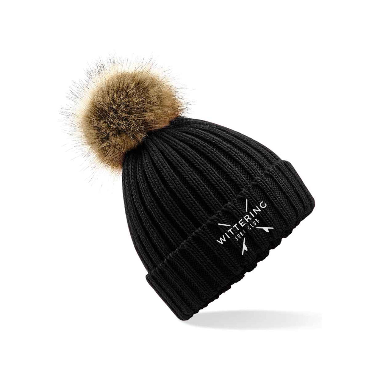 KIDS FAUX FUR POM BEANIE - BLACK - Wittering Surf Shop
