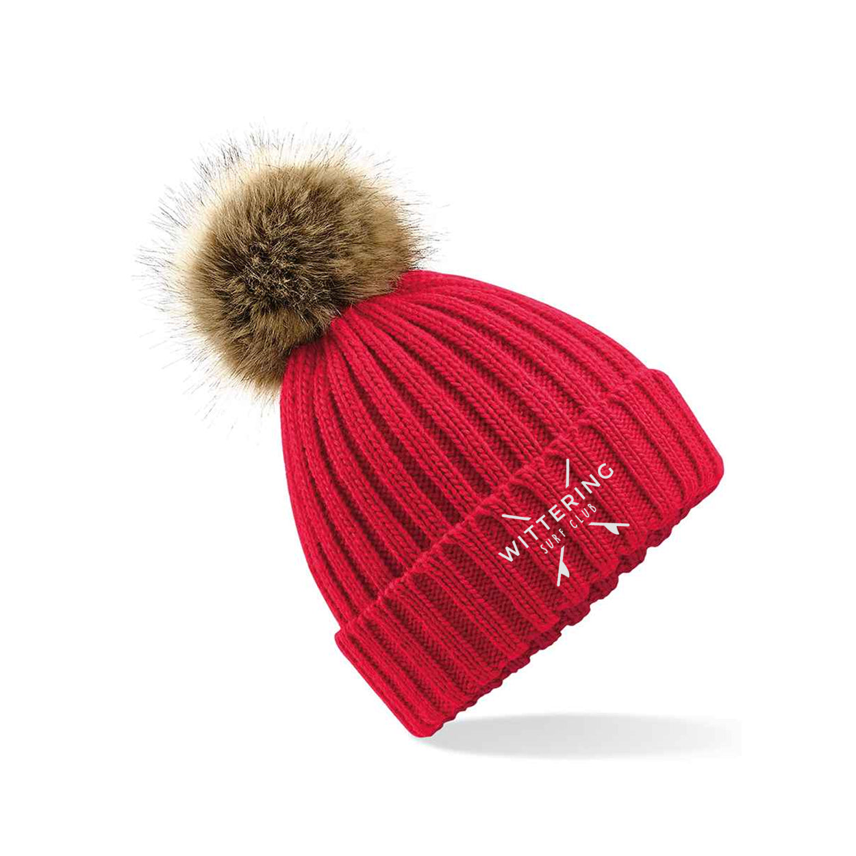 KIDS FAUX FUR POM BEANIE - RED - Wittering Surf Shop